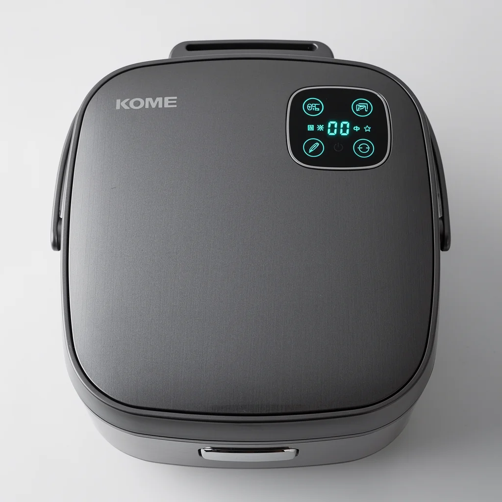 Macro studio detail of KOME smart cooker lid and touch interface