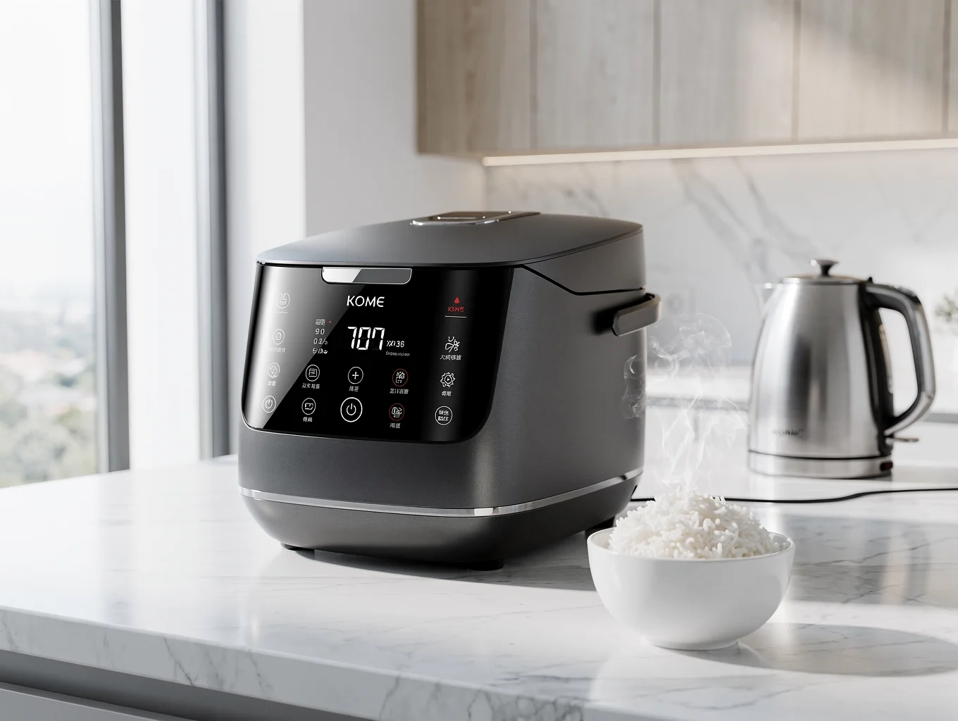 KOME flagship smart rice cooker on a modern kitchen countertop
