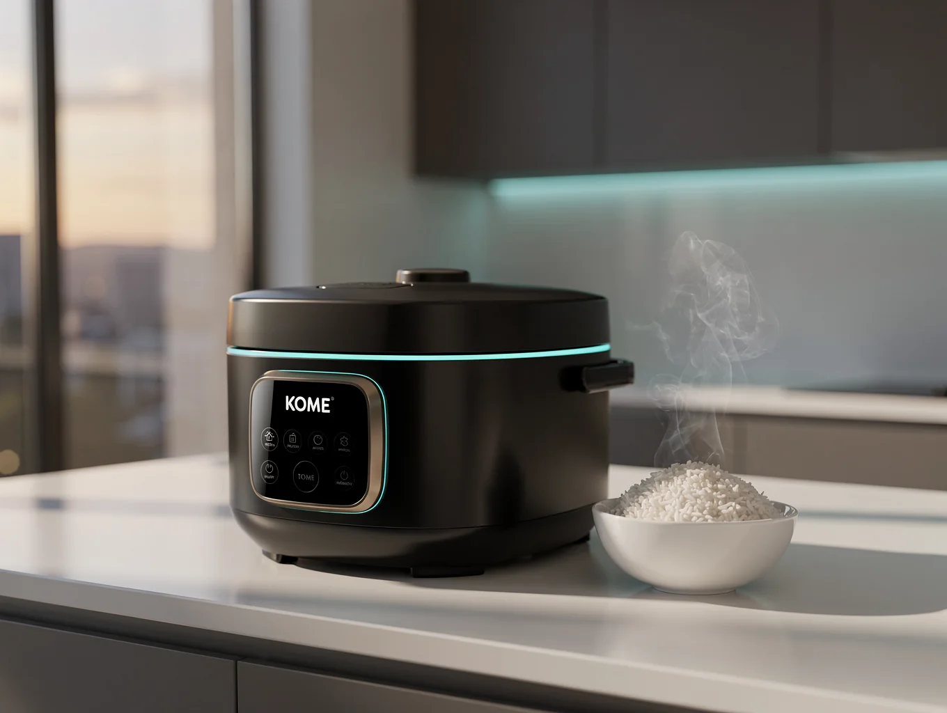 Freshly cooked steaming white rice next to a KOME smart cooker