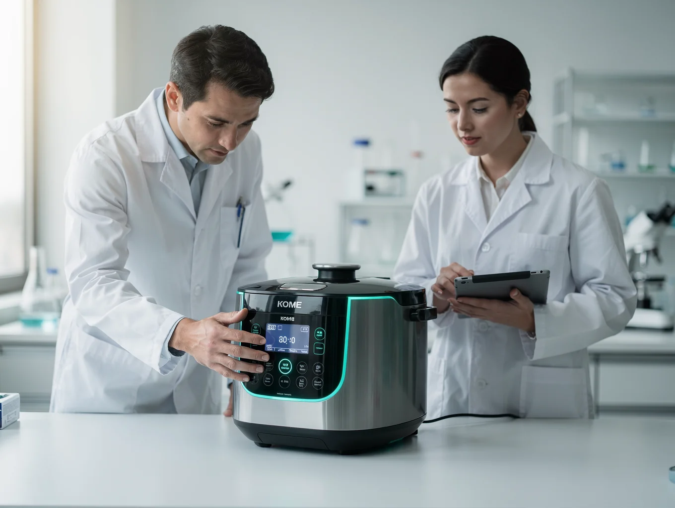 KOME engineering team testing smart kitchen appliances